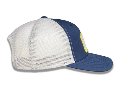 Navy Trucker Hat with Retro Black Mountain Patch in Yellow