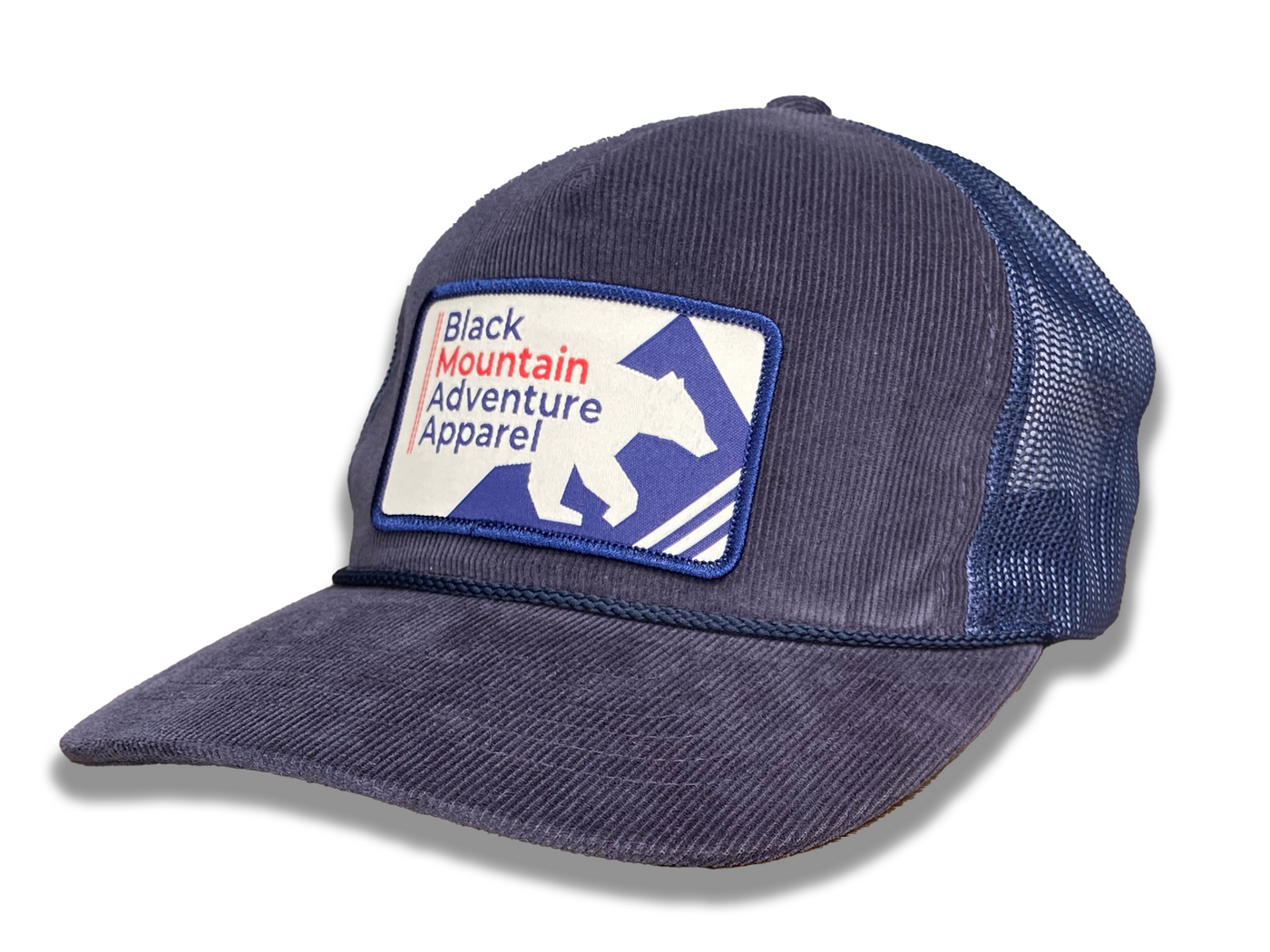 Navy Corduroy Trucker Hat with Navy Retro Black Mountain Patch