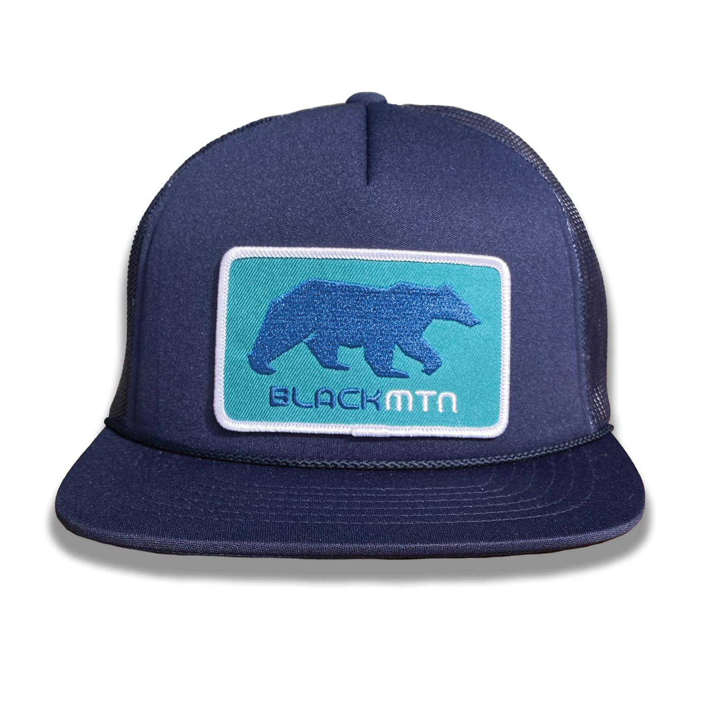 Navy 5-Panel Flatbill Foam Trucker with Classic Teal Bear Patch