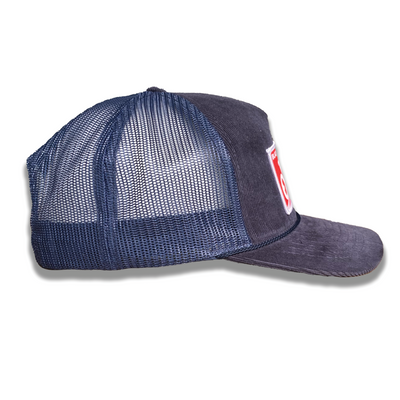 Navy Corduroy Trucker Hat with Original Red Patch