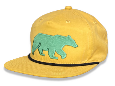 Mustard 5-Panel Relaxed Cotton Blend Rope Hat with Green Bear Logo Patch