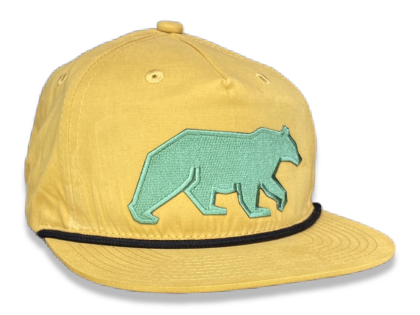 Mustard 5-Panel Relaxed Cotton Blend Rope Hat with Green Bear Logo Patch