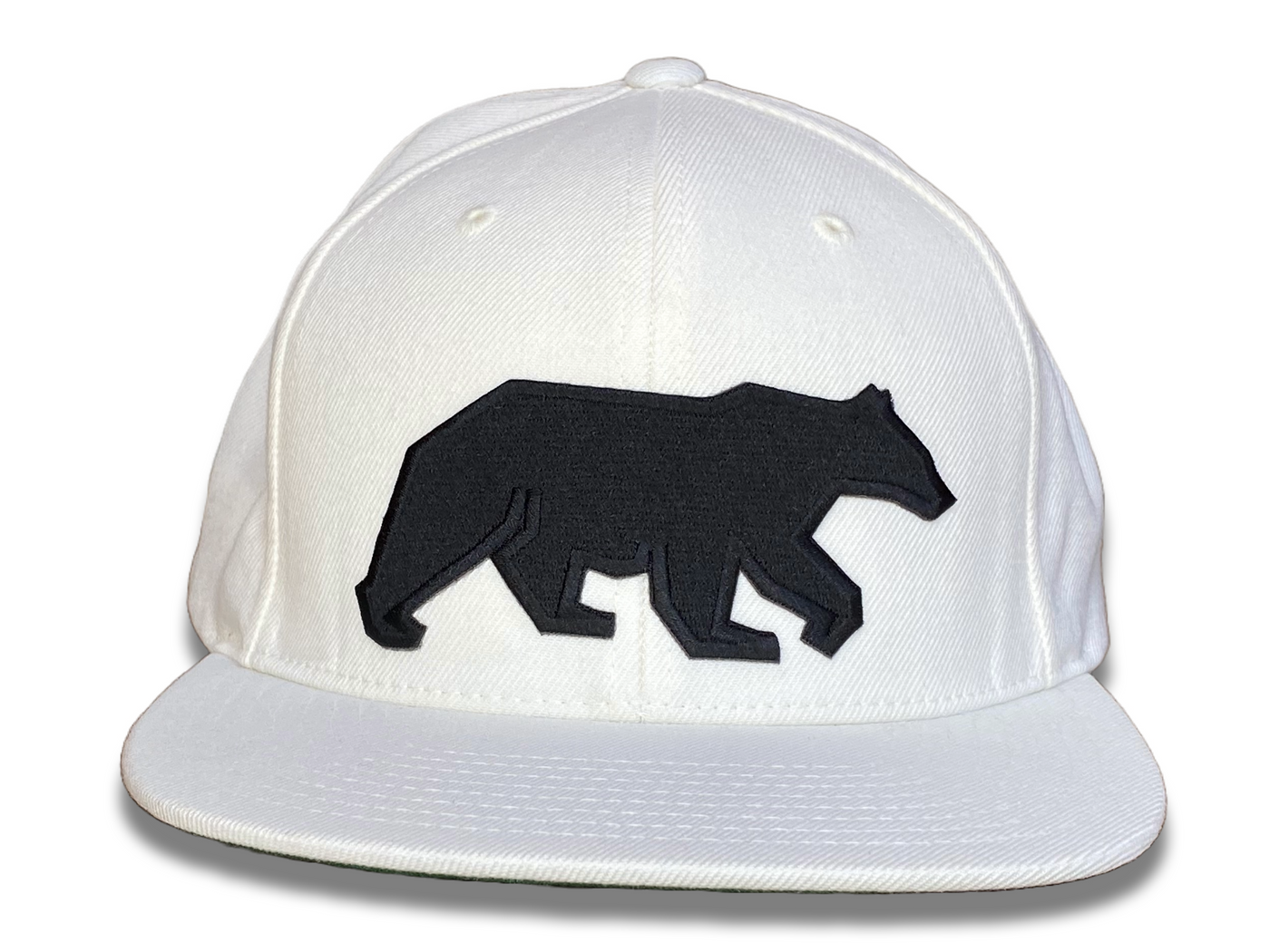 Solid White 6-Panel Flatbill Trucker Hat with Black Bear Patch