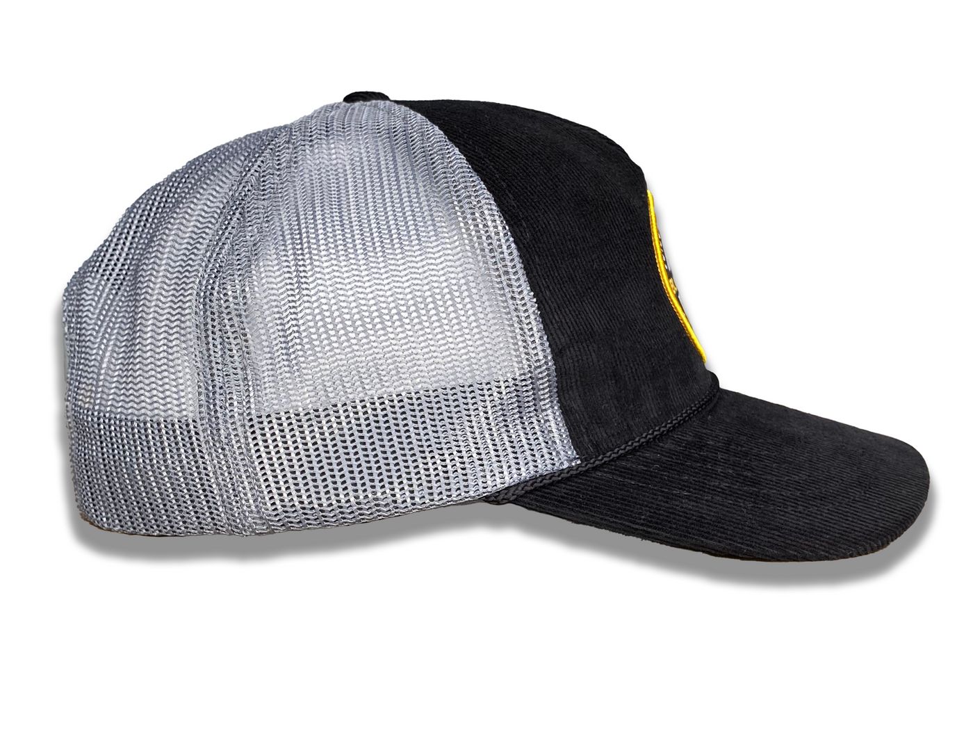 Black Corduroy Trucker Hat with Yellow Round Retro Back Mountain Patch