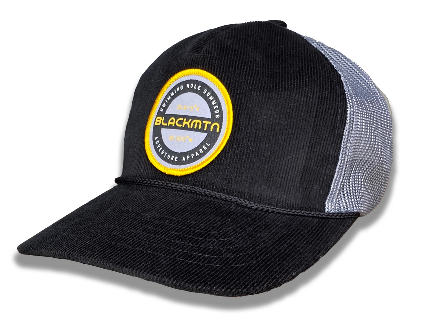 Black Corduroy Trucker Hat with Yellow Round Retro Back Mountain Patch