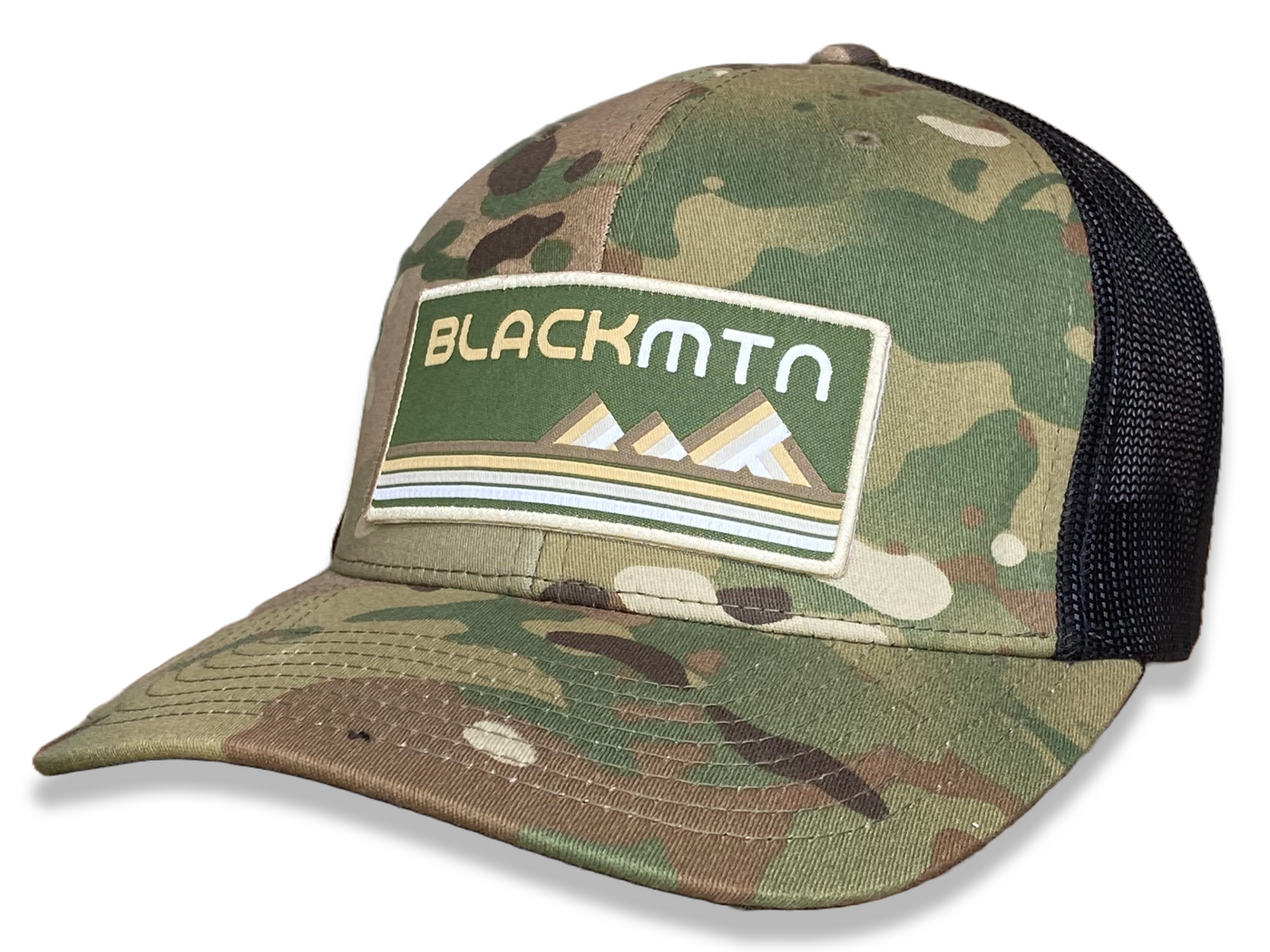 Camo RetroGo Black Mountain Patch Trucker Hat