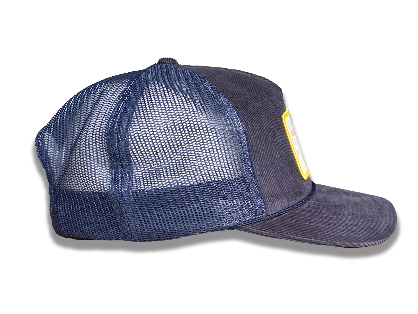 Navy Corduroy Trucker Hat with Yellow Retro Black Mountain Patch
