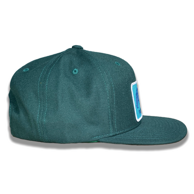 Green 6-Panel Flatbill Trucker Hat with Classic Teal Bear Patch