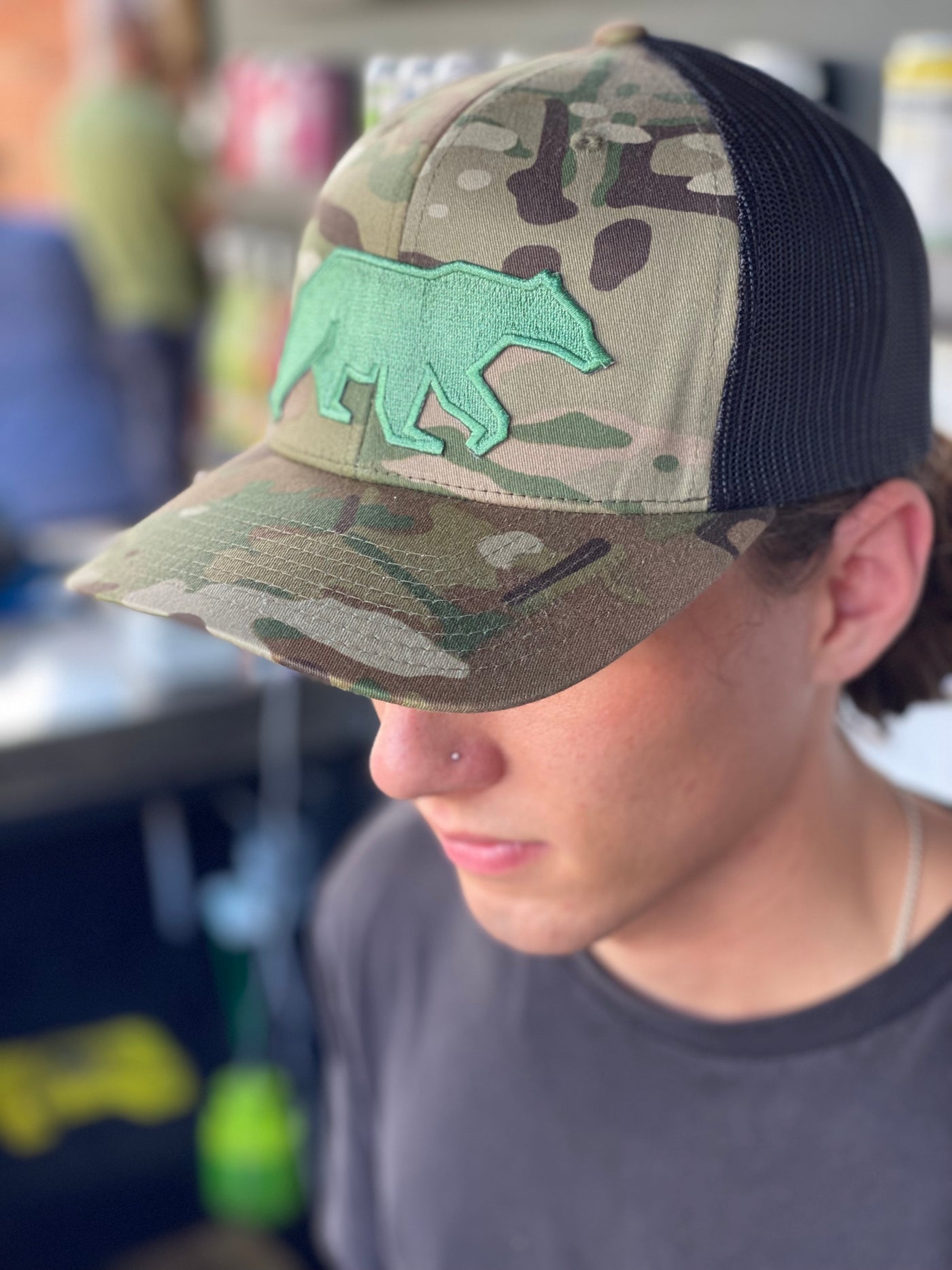 Classic Camo Green Bear Patch Trucker Hat