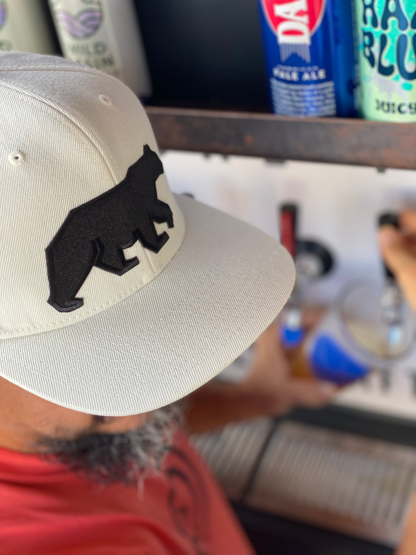 Solid White 6-Panel Flatbill Trucker Hat with Black Bear Patch