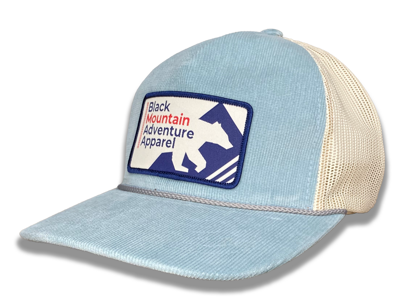 Light Blue Corduroy Trucker Hat with Navy Retro Black Mountain Patch