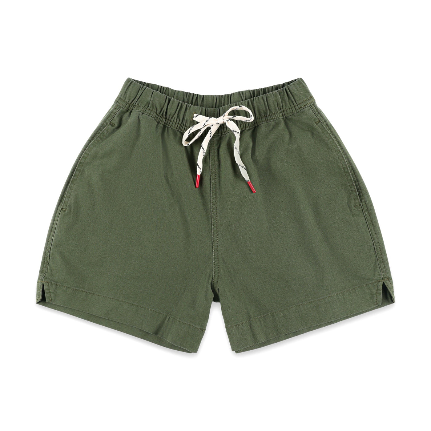 Topo Designs Women's drawstring Dirt Shorts in 100% organic cotton "Olive" green.