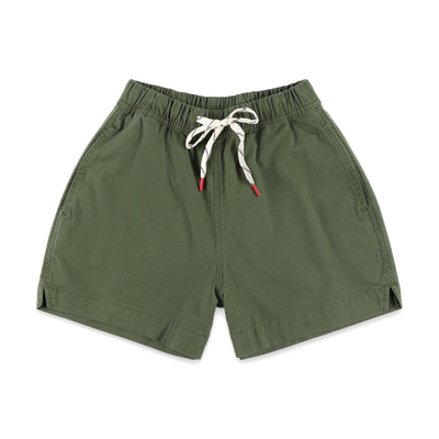 Topo Designs Women's drawstring Dirt Shorts in 100% organic cotton "Olive" green.