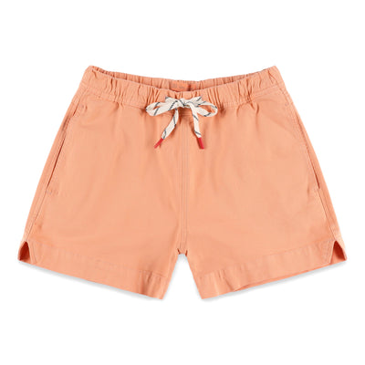 Topo Designs Women's drawstring Dirt Shorts in 100% organic cotton in "Peach" pink.