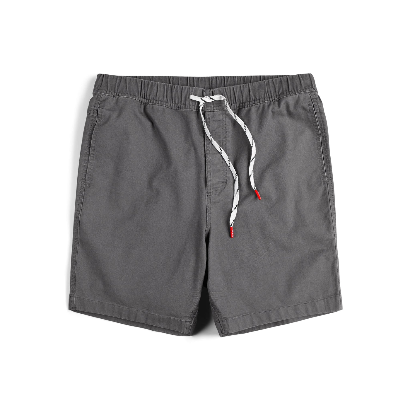 Topo Designs Men's drawstring Dirt Shorts 100% organic cotton in "Charcoal" gray.