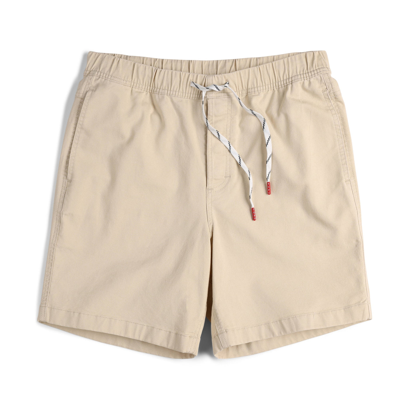 Topo Designs Men's drawstring Dirt Shorts 100% organic cotton in "Sand" white.