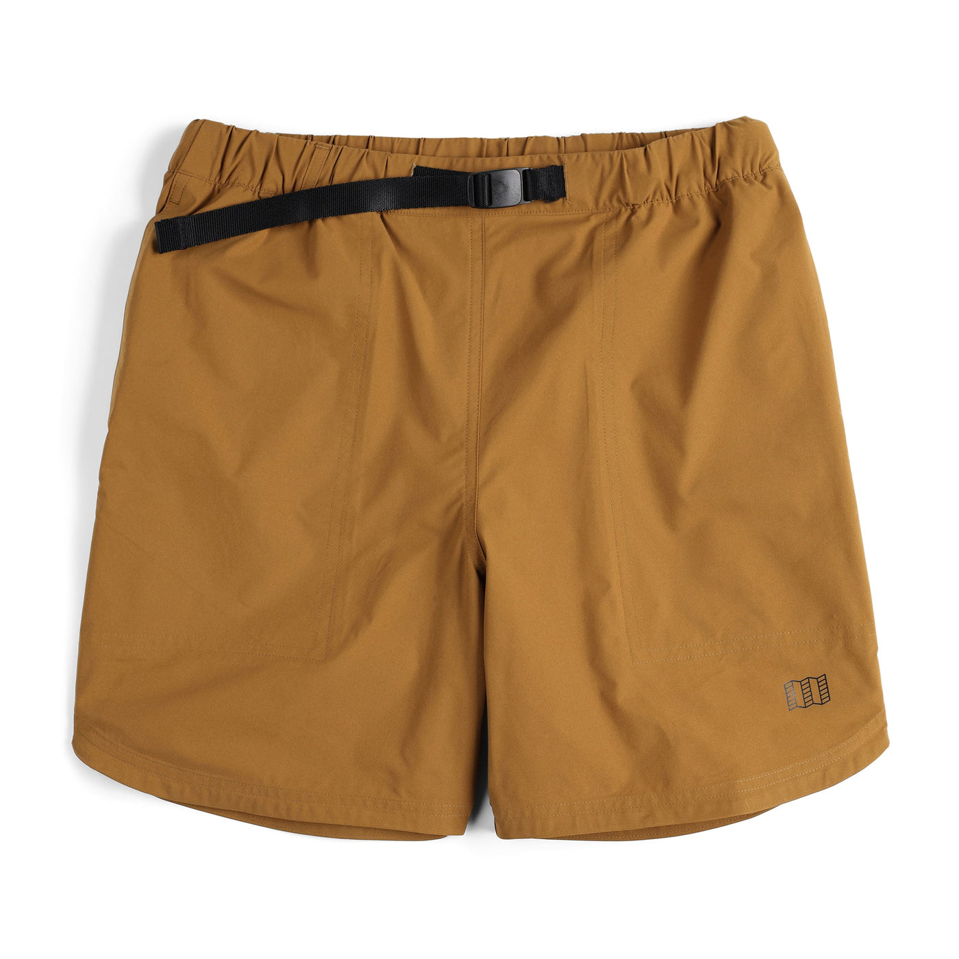 Topo Designs Men's River Shorts Lightweight quick dry swim trunks in "Dark Khaki" brown.