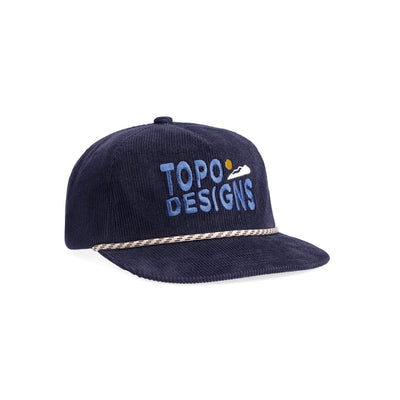 Topo Designs Corduroy Trucker Hat with Sunrise graphic patch on "Navy" blue.