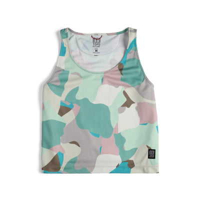 Front shot of Topo Designs Women's 30+ UPF moisture wicking River Tank top in "Pastel Camo ". Green.