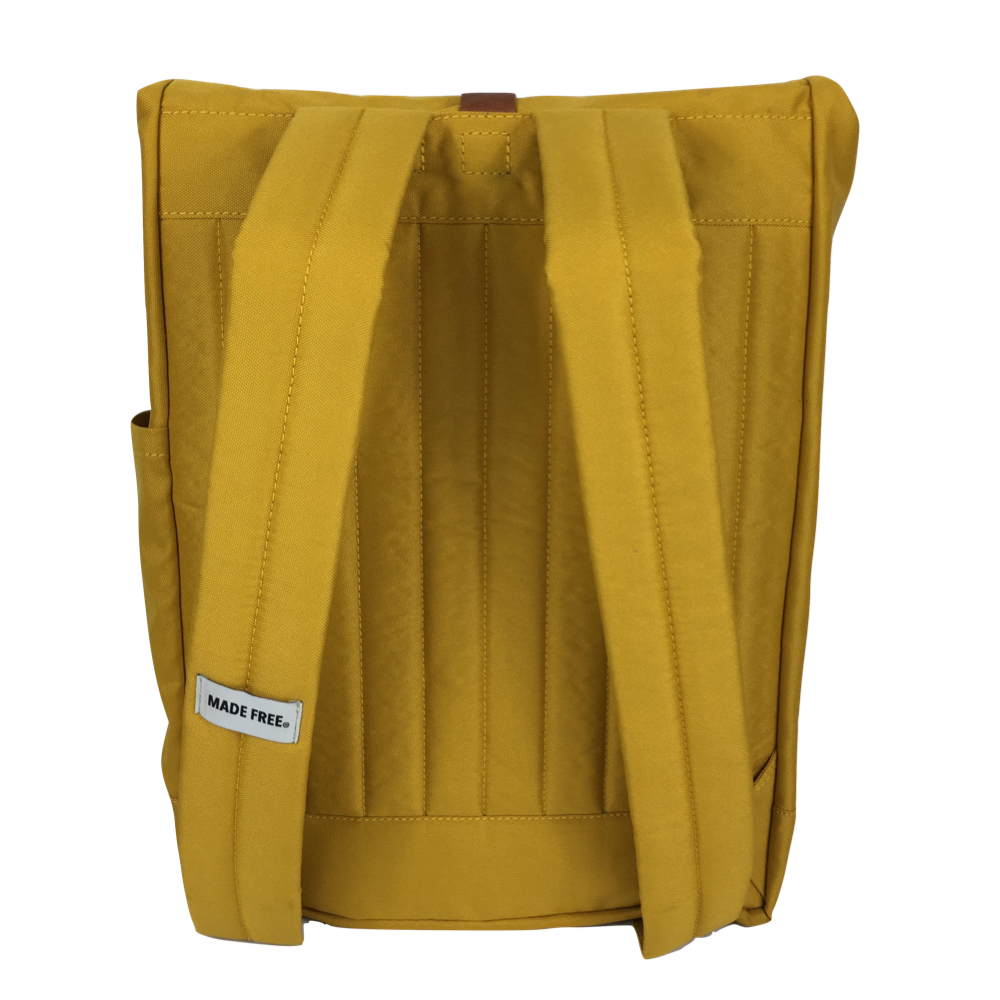 lightweight roll top backpack. best roll top backpack waterproof. canvas roll top bag. best roll top backpack. rolling backpacks. eco friendly roll top backpack. 100recycled backpack. socially responsible backpacks. backpacks made from recycled materials. sustainable travel bag. mustard.