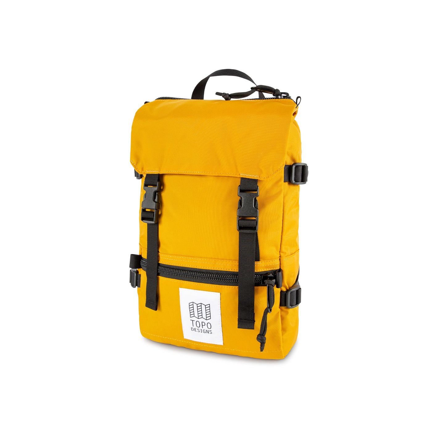 Topo Designs Rover Pack Mini backpack in "Mustard" yellow.