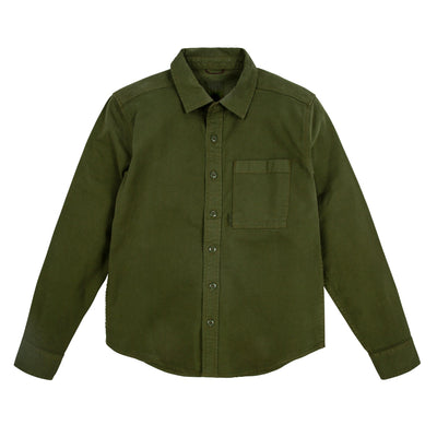 Front product shot of Topo Designs Women's Dirt Shirt in "Olive" green.